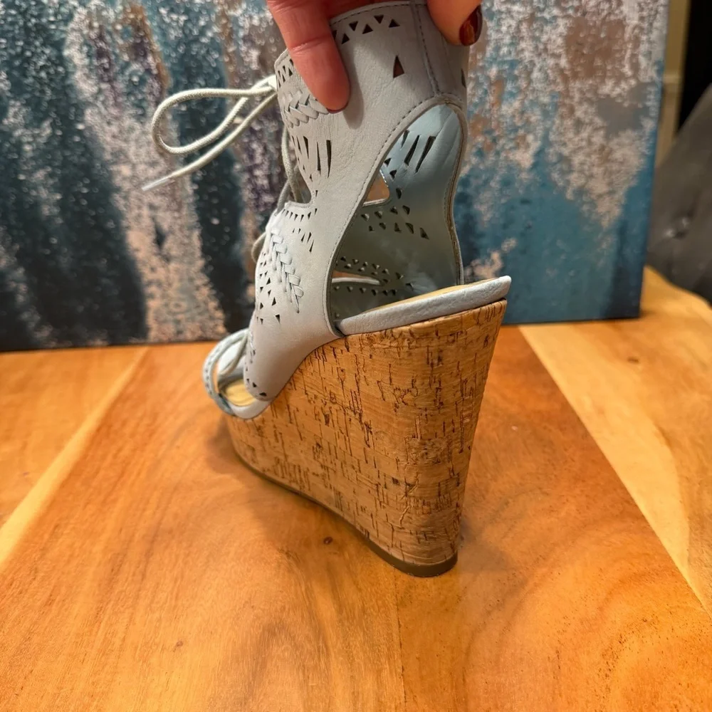 Marc Fisher Boho Chic Leather Lace-Up Cork Wedge Sandals – Light Blue (EUC)